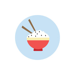 Flat design illustration of a red bowl filled with white rice and black sesame seeds, accompanied by chopsticks, set against a blue circular background for food themes.