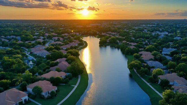 Aerial View of Lake and Houses at Sunset with Golden Sky Reflections on Water and Dark Green Treetops in Residential District Tranquil Panoramic Scene