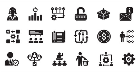 Business company, management flat icon set. Contains symbol of businessman, target, finance, lunchtime, success, hierarchy, data, work, money, employee, task, shop, meeting, job. Vector illustration