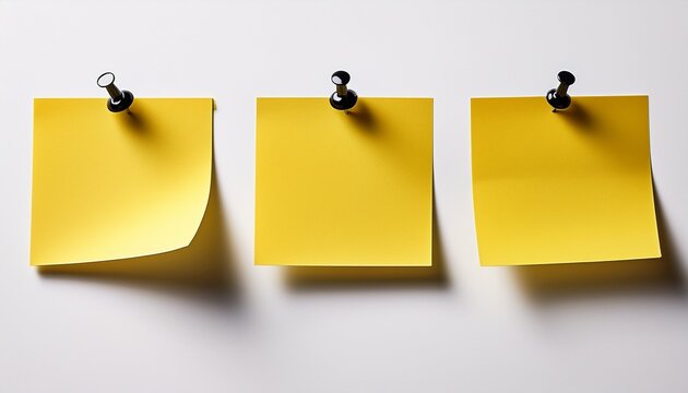 three yellow sticky notes thumbtacked to white background