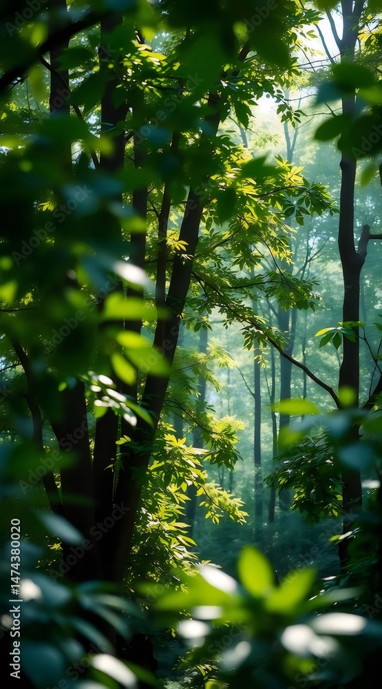 Poster 緑豊かな森林の日の光 自然の木の背景 夏の森林の風景 深い緑の葉と幹が照らされた瞑想的な森林の景色