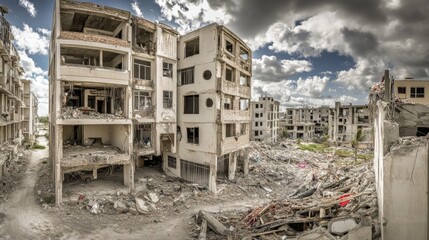 Fototapeta premium Destroyed apartment building in Miami with crumbled structure and debris scattered across the ground, surrounded by rubble under a cloudy sky, capturing urban devastation and architectural collapse.