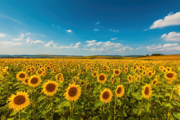 Fototapeta premium Vibrant sunflower field under a clear blue sky on a sunny day in rural countryside
