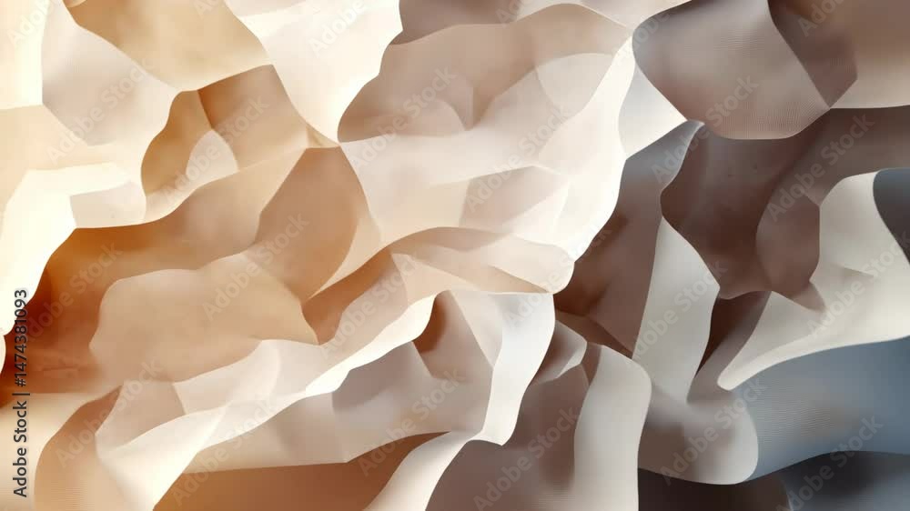 Poster fractured mocha patterns overlaying soft pastel gradients, blending geometry with organic abstractio