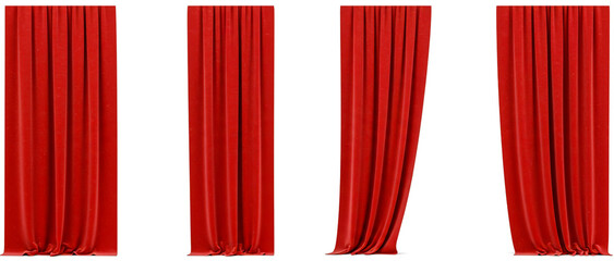 Four red velvet stage curtains on white background depicting drama and event readiness