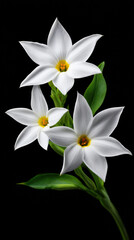 Obraz premium Three elegant white flowers with yellow centers bloom on a slender green stem against a stark black backdrop, showcasing nature's delicate beauty and contrast.