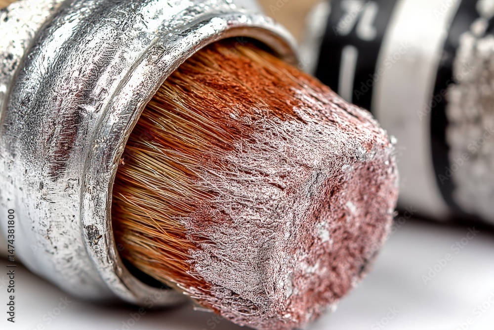 Aufkleber close-up view of a paintbrush and tube in process of artwork creation at a cozy studio space
