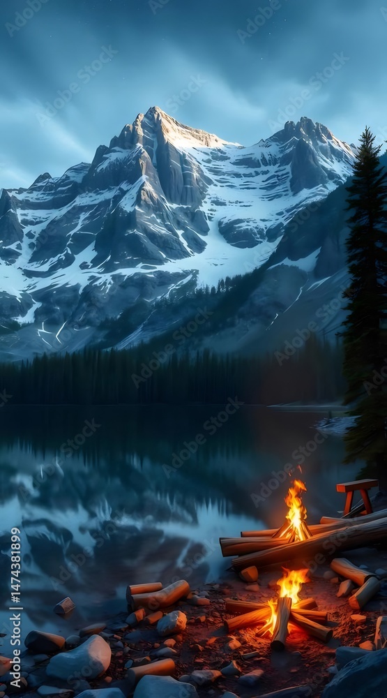 Aufkleber 湖畔のキャンプファイヤーと雪をかぶった山の夜の風景 ピクセル化された風景に静寂と炎が照らす日本のアウトドア 冬の寒さと自然の美しさを捉えた背景