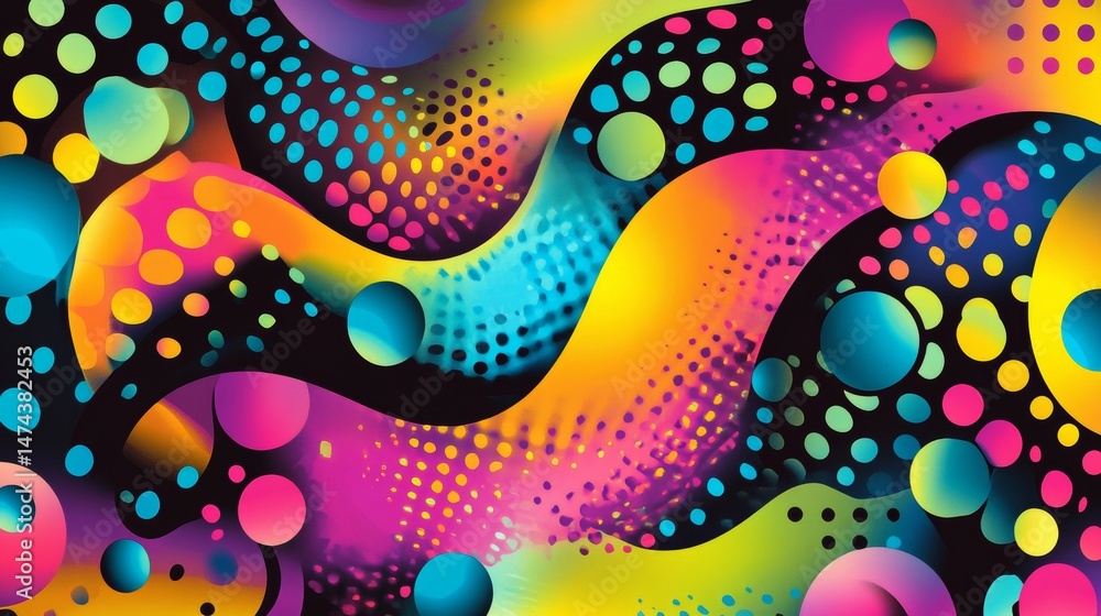 Poster vibrant abstract pattern with dotted waves and spherical elements for backgrounds