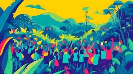 Naklejka premium Vibrant illustration of a joyful crowd amidst lush foliage.