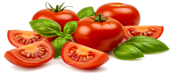 Fresh tomatoes and basil leaves arranged elegantly on a clean white background
