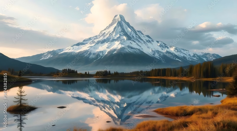 Aufkleber 黄金色の草地と緑の森林に囲まれた雪を頂いた山々の穏やかな湖の反射のある平和な景観