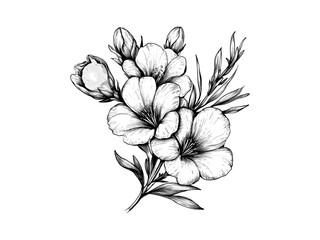 Antique Freesia Flower Illustration, botanical sketch, vintage engraving, freesia bloom, retro floral art, hand-drawn flower drawing, black sketch decor, engraving vintage style, trendy flora print.