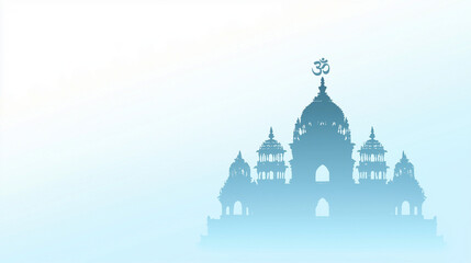 Obraz premium A Soft Gradient Background of Soft Blue to White with a Silhouette of a Hindu Temple on the Right Side and the sacred Om symbol at the top, Empty Space for Text