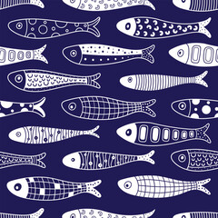 Cute sardine. Kids background. Sardines, salmon, tuna, tilapia. Vector set. Kids illustration.