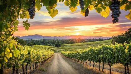 Fototapeta premium A vineyard at sunset with a dirt path through grapevines, clusters of grapes, green leaves, and colorful clouds.