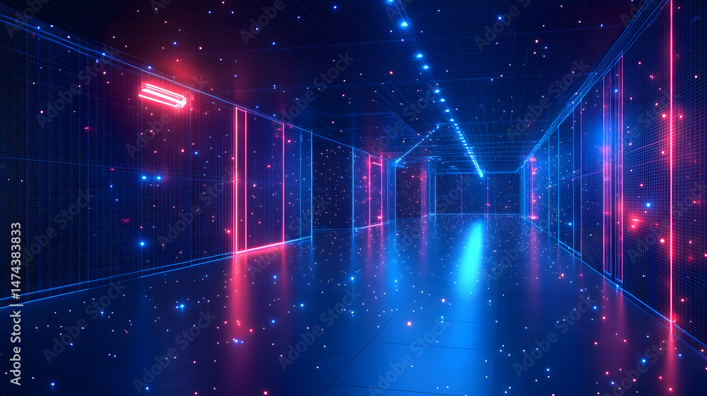 Poster futuristic corridor with reflective floor, grid walls, and blue/red lights creates a technological f