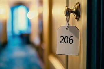Close-up of a white room service restaurant tag with the number "206" hanging on a hotel door handle, with a blurred bedroom in the background, representing the hotel concept.