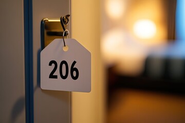 Close-up of a white room service restaurant tag with the number "206" hanging on a hotel door handle, with a blurred bedroom in the background, representing the hotel concept.