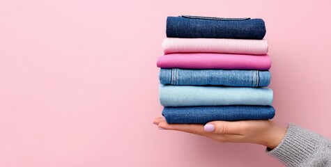 A hand holds a stack of folded clothes on a pink background. Banner for washing, ironing, soft clothes, conditioner or laundry powder