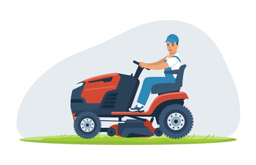 Man driving a lawn tractor. Vector illustration.