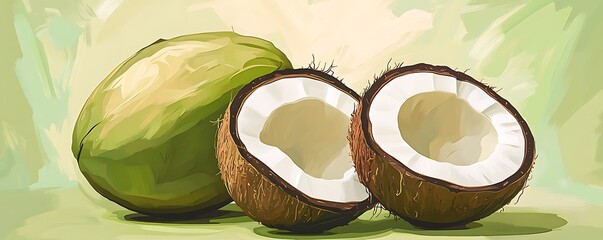 Fresh coconut in linear style, natural green tones, simple and elegant design