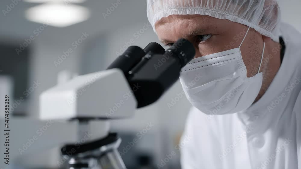 Poster focused scientist in laboratory examines samples with microscope, emphasizing safety with protective