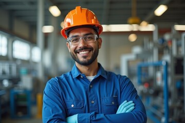 Confident Latinx Factory Worker Wearing Protective Gear in a Production Facility