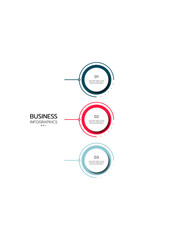 Business infographic template featuring three horizontal, numbered circles with a gradient outline from dark blue to light blue and red. Each circle contains a number and a connecting line to a text.