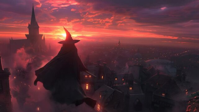 A witch in a cape flying above a town during golden hour. Halloween-themed concept
