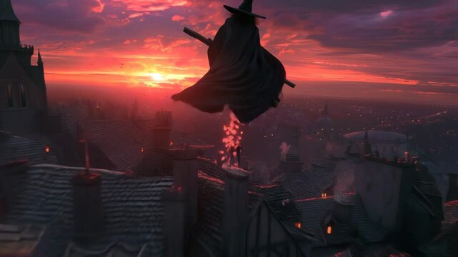 A witch in a cape flying above a town during golden hour. Halloween-themed concept