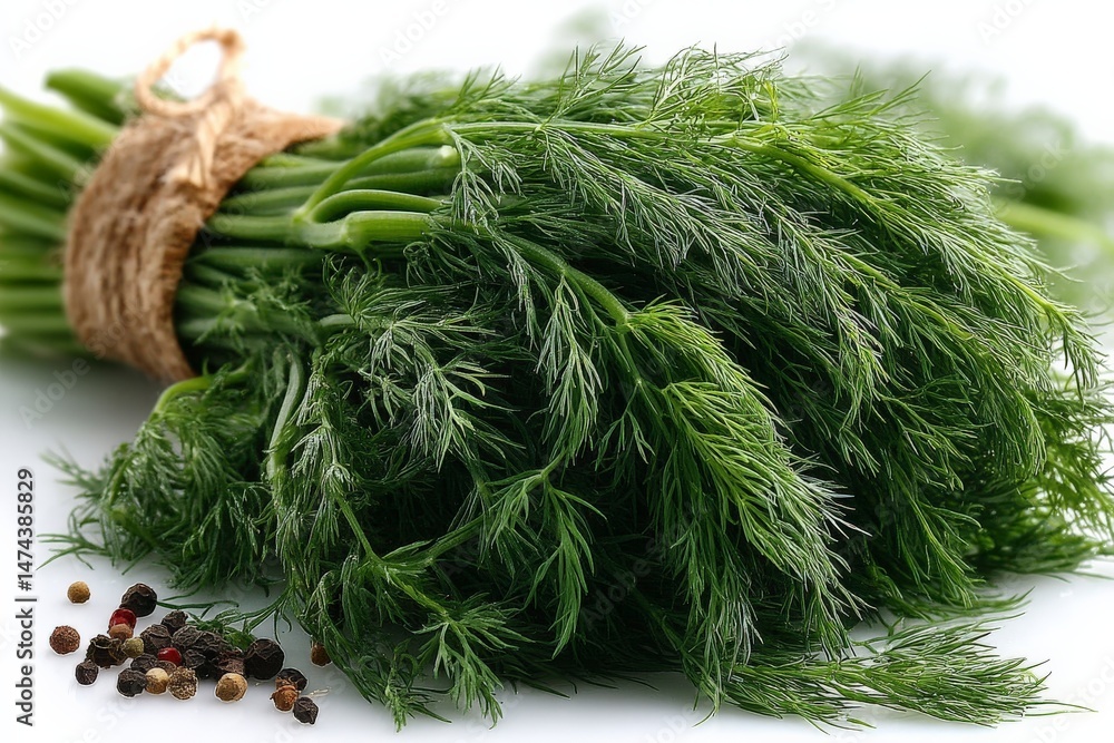 Poster fresh dill with spices arranged for culinary preparation in a kitchen setting