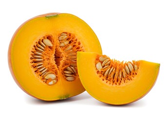 Cut pumpkin with seeds isolated on a white background