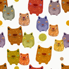 Colorful cats. Seamless pattern of bright cats with a ball on a white background.
