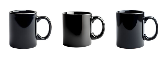 Set of black coffee mug isolated on transparent background, Cut out