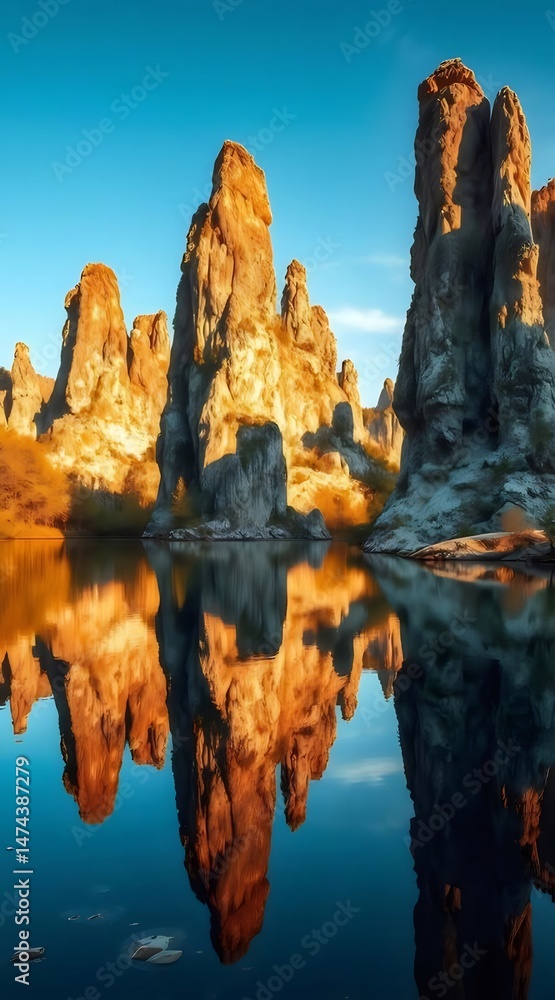 Poster ターコイズブルーの湖面に映る石灰華タワーと青空の素晴らしい景観