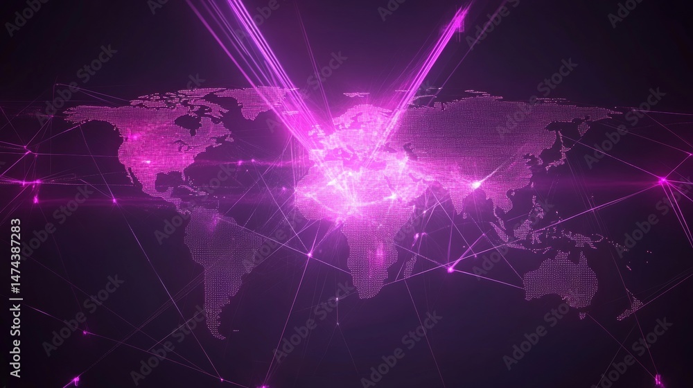 Poster digital world map with global network connections and technological glow