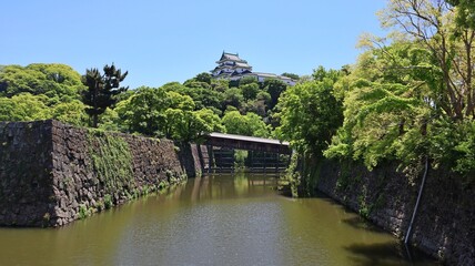 青空の下、和歌山城と水濠、緑豊かな風景