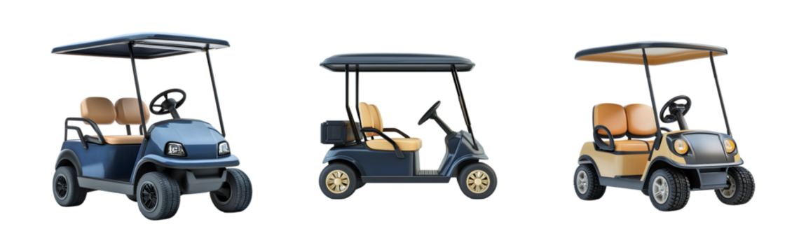Set of Compact electric golf cart with two seats and canopy for outdoor activities isolated on transparent background, Cut out - Powered by Adobe