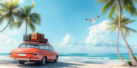 Vintage car with luggage and surfboard on the beach with palm trees. Summer vacation concept, panoramic banner for design background.