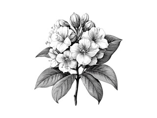 Antique engraved illustration of Mountain Laurel flower, hand-drawn botanical art, vintage decor, trendy floral print, black sketch, forest flora, mountain laurel, old engraving style.
