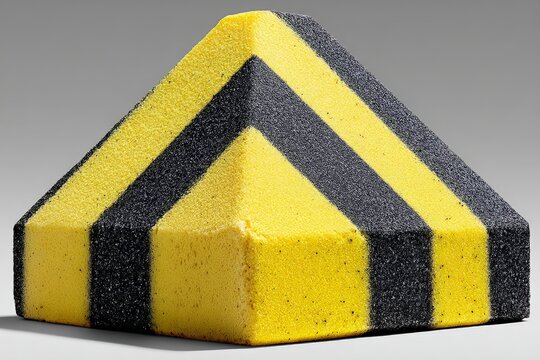 Unique foam pyramid with yellow and black stripes placed on a neutral background