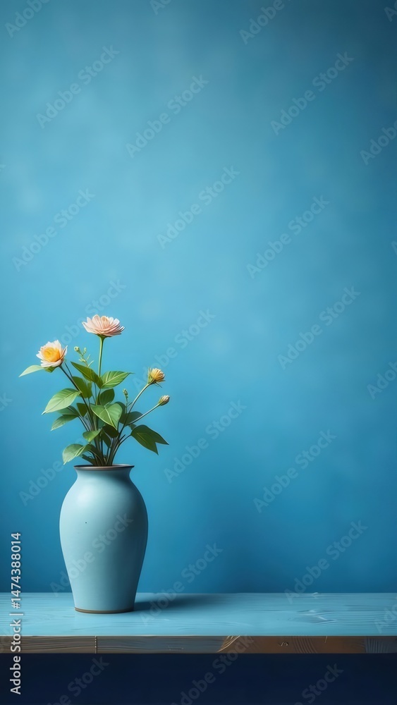 Poster 青色の背景に置かれた水色の花瓶に生けられたオレンジ色のバラの静物写真 ライトブルートーンの壁と卓上との美しい調和