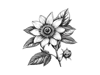 Antique Passionflower Illustration, hand-drawn botanical engraving, vintage floral decor, black sketch style, blooming flora, trendy flower print, classic nature art, home botanical wall