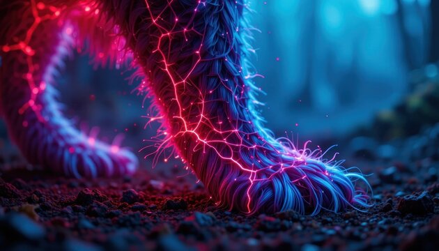Energetic stride: an electrifying paw print in neon hues on forest ground - Powered by Adobe