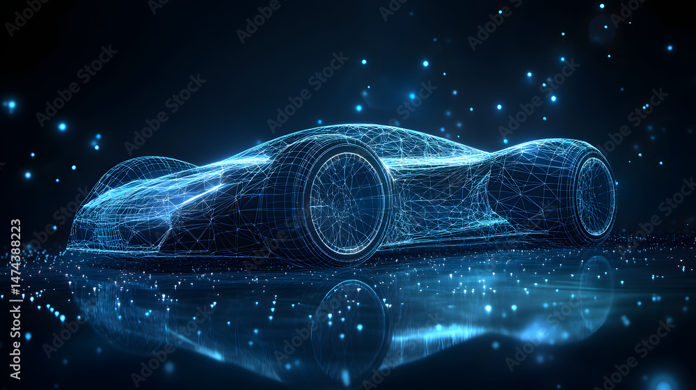 Poster futuristic concept car rendered as a glowing blue wireframe on a reflective surface. sleek design wi