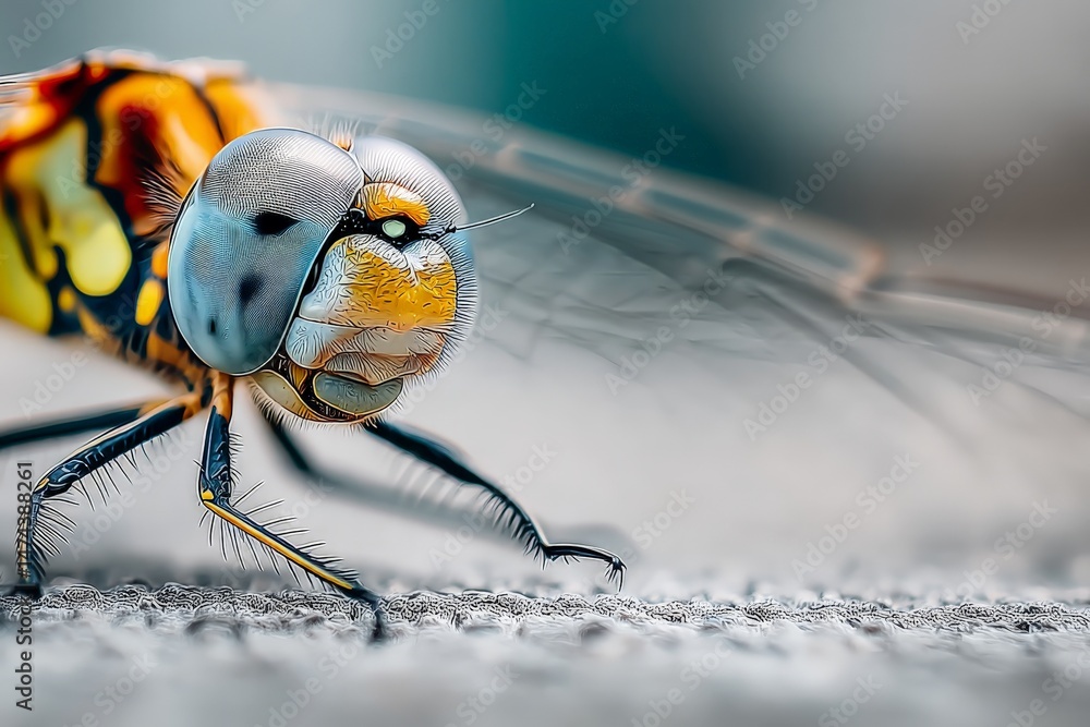 Poster Close-up view of a colorful dragonfly perched on a textured surface in a serene natural setting during daylight hours
