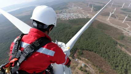 Worker safety harness wind turbine blade, embracing adventure and responsibility while showcasing breathtaking aerial view of wind farm and vast landscape, highlighting technology renewable energy. - Powered by Adobe