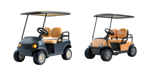 Set of Compact electric golf cart with two seats and canopy for outdoor activities isolated on transparent background, Cut out
