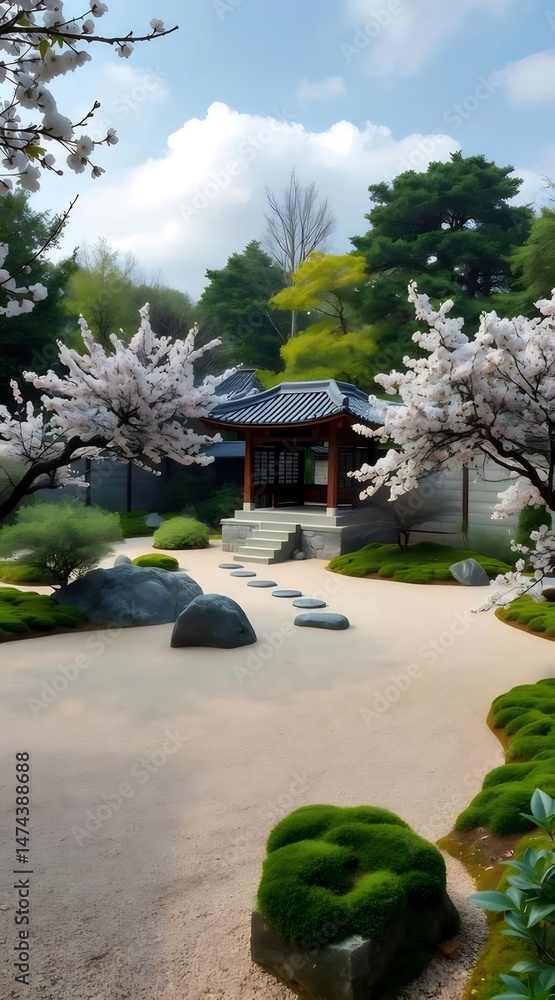 Aufkleber 日本の庭園の静かな眺め 白い花の木々のそばの石の小道と緑の植物と砂のある伝統的な建築物
